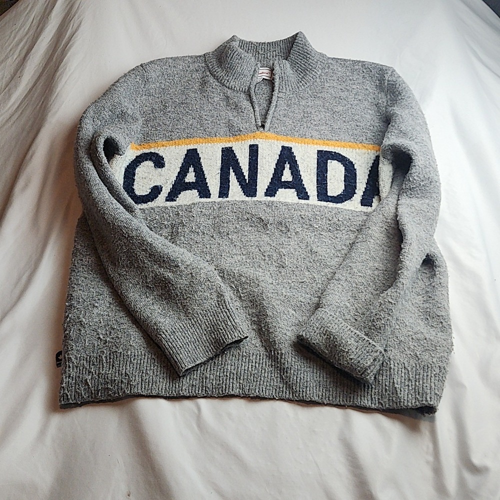 Canadiana Canada Intarsia Knit Pullover Sweater Grey Navy Mock Neck Size Large